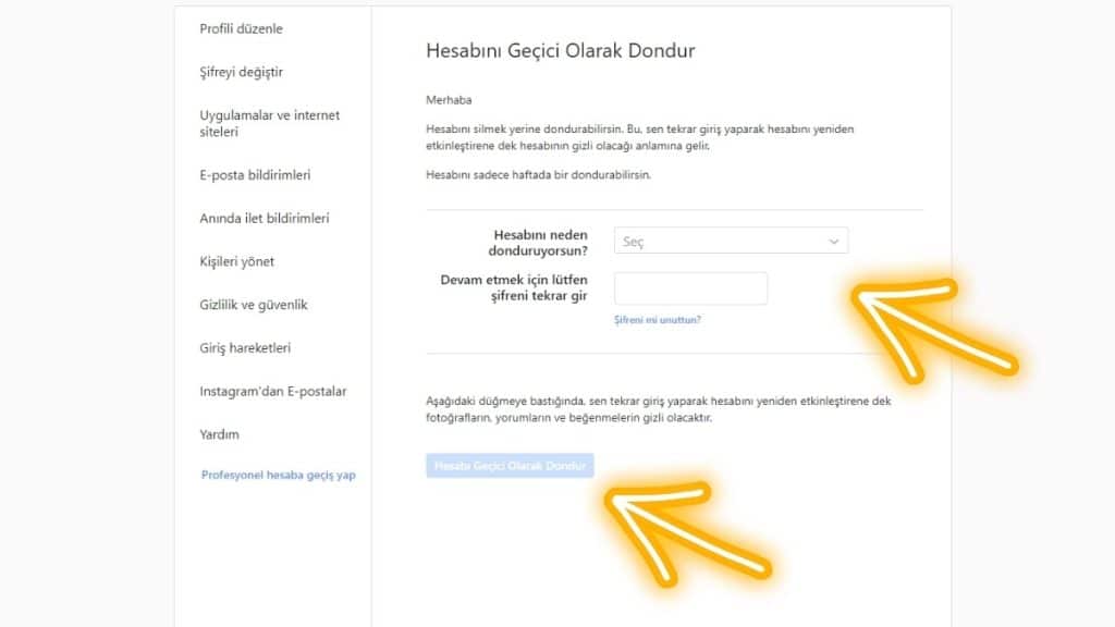 instagram geçici dondurma